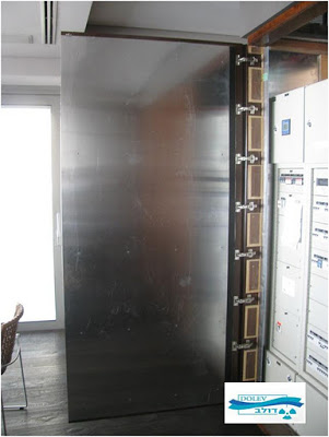 ELF magnetic fields passive protection installed on the   door of an electricity cabinet (Picture from dolev LTD)