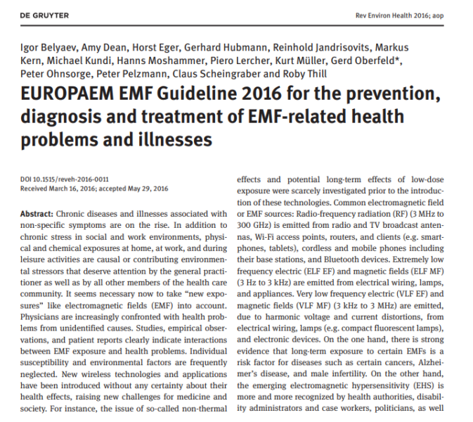 EUROPAEM EMF Guideline 2016 for the prevention, diagnosis and treatment of EMF-related health problems and illnesses