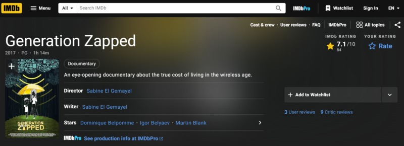 Screen shot of the "Generation Zapped" IMDB page.