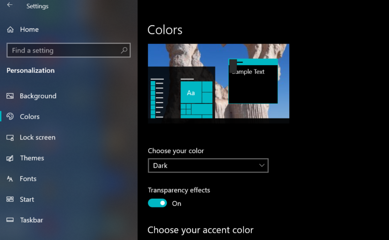 "Dark" color mode on windows 10